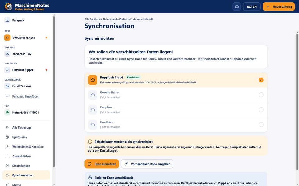 MaschinenNotes am Rechner: Sync einrichten mit Wahl des Speicherorts (RuppiLab Cloud)
