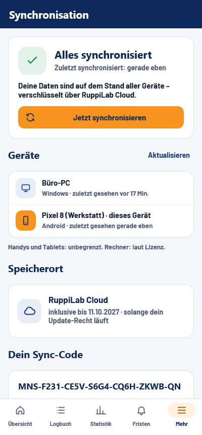 Handy: Alles synchronisiert – Geräteliste mit Büro-PC und Handy, Speicherort RuppiLab Cloud