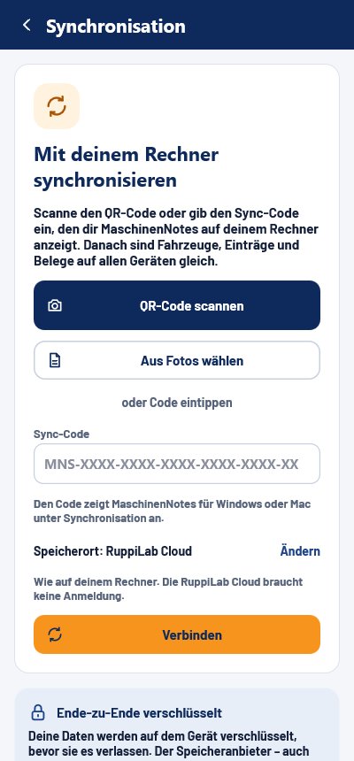 Handy: Synchronisation einrichten mit „QR-Code scannen“, „Aus Fotos wählen“ oder Code eintippen